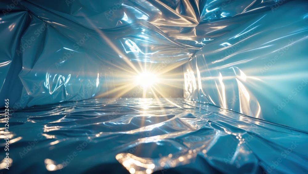 Poster shimmering rays of light reflecting on crumpled plastic surface creating an abstract luminous backgr
