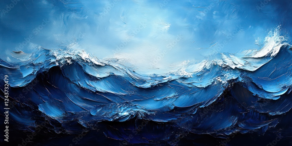 Poster abstract expressionism deep blue turquoise waves dynamic brush strokes light texture background