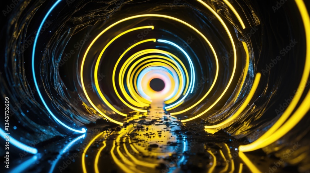 Poster luminous neon spiral tunnel with glowing yellow and blue lights reflecting on a wet surface creating