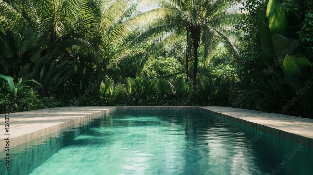 Poster tranquil swimming pool seamlessly blends with the surrounding tropical rainforest, creating a luxuri