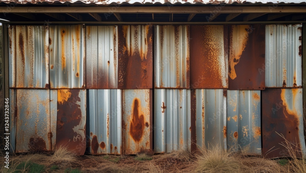 Poster rustic galvanized iron panels with an abstract pattern of rust and patina creating a warm textured b