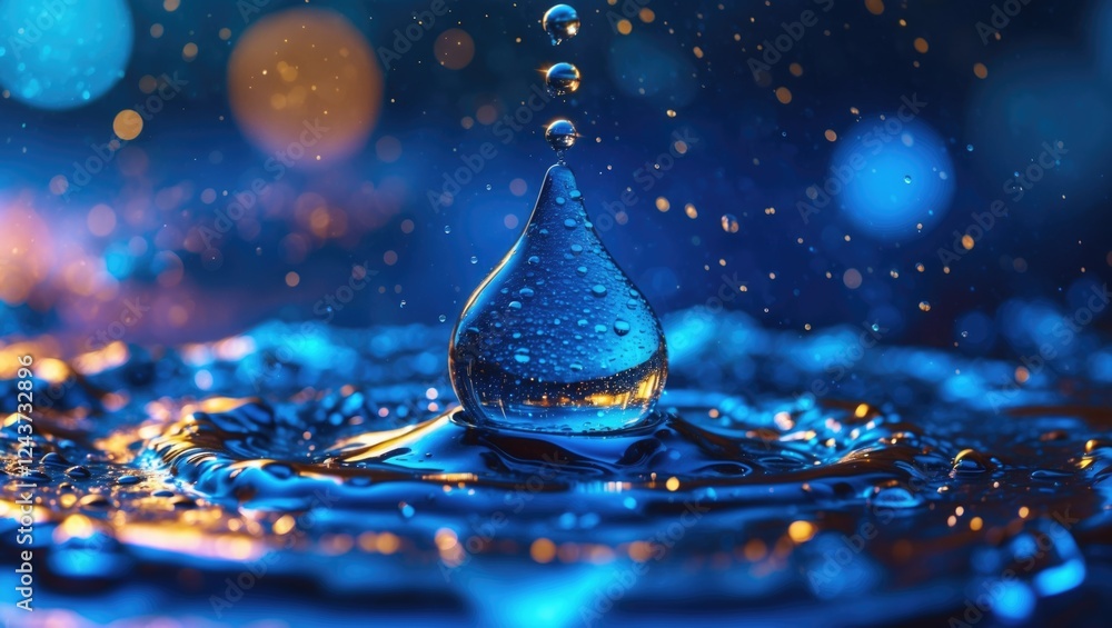 Poster dramatic close-up of a blue water droplet creating ripples in a shimmering surface with soft bokeh l