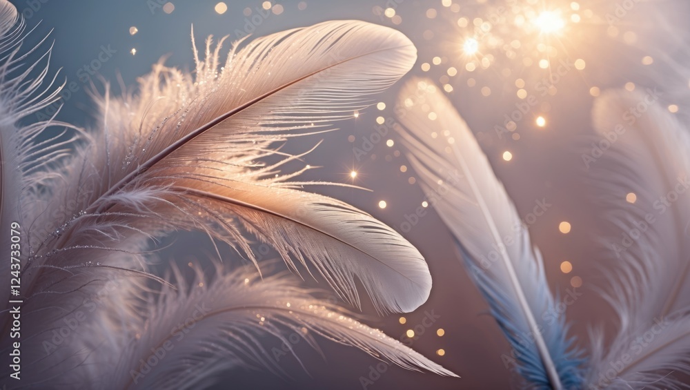 Aufkleber delicate feathers glistening with water drops and sparkling light against a soft background creating