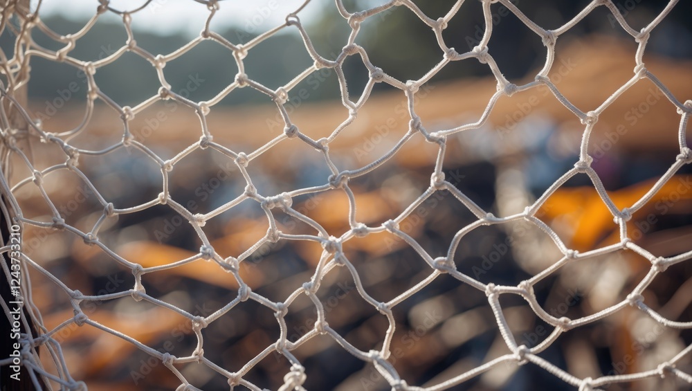 Poster textured close-up of a white netting with a blurred background of orange and soft earth tones sugges