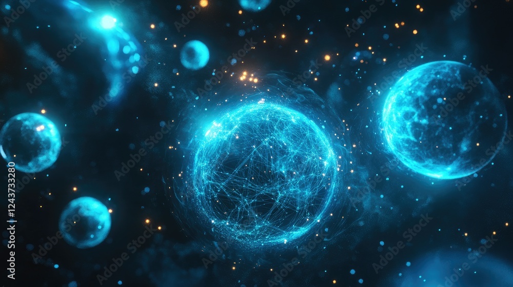 Poster abstract representation of data connections, glowing blue spheres linked in space