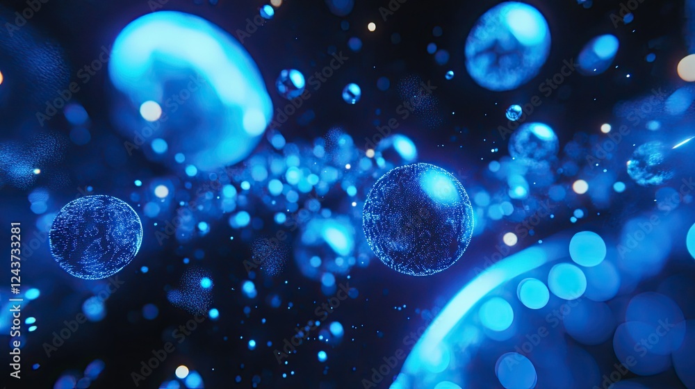 Poster abstract representation of data connections, glowing blue spheres linked in space