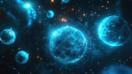 Abstract representation of data connections, glowing blue spheres linked in space