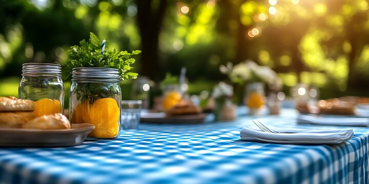 Sunny picnic table setting with food and drinks in mason jars.
