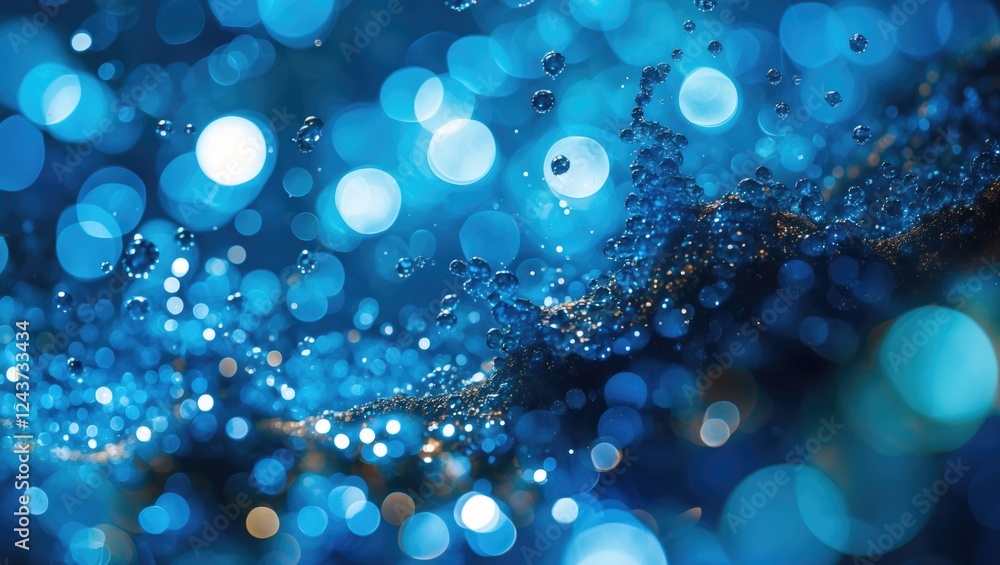 Poster deep blue bokeh texture with shimmering water droplets creating a vibrant, dreamy atmosphere for bac