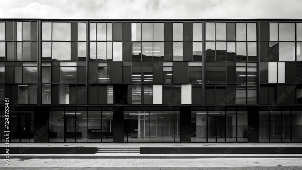 Poster modern office building facade in monochrome showcasing geometric patterns and reflections of glass a