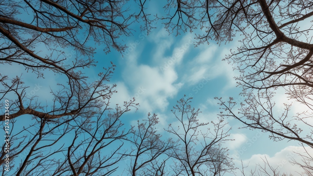 Aufkleber branches against a bright blue sky creating an abstract texture with a peaceful and tranquil atmosph