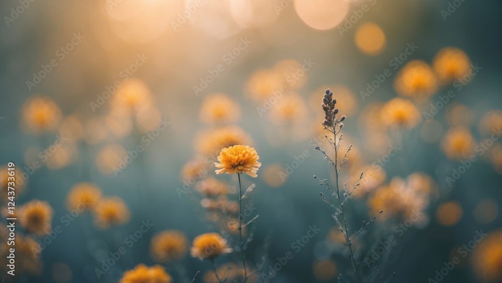 Poster soft focus floral background with blurred yellow flowers and natural bokeh for text placement in ele