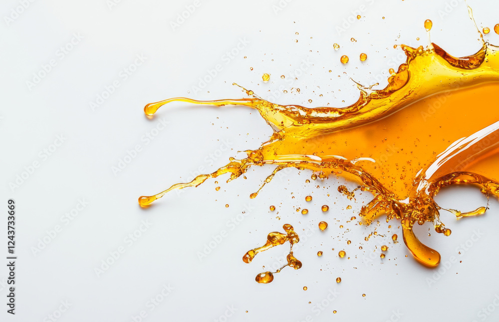 Poster Golden honey splashes across a minimalist surface, creating dynamic droplets in mid-air. The vibrant color stands out against the neutral background, showcasing the liquid's texture and flow.