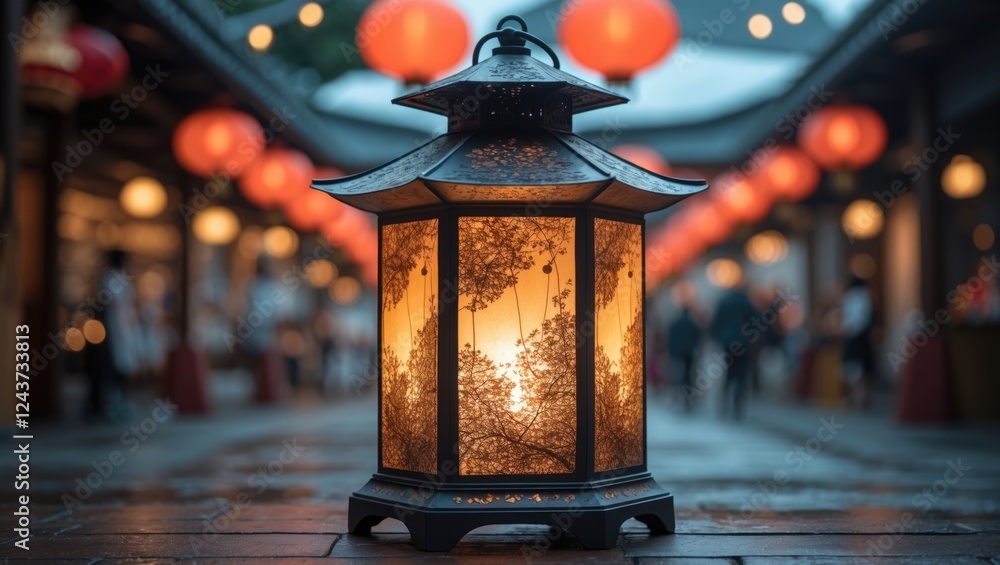 Poster illuminated lantern amidst softly glowing red paper lanterns in a bustling night market setting crea