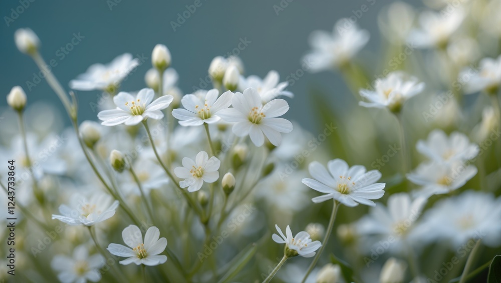 Poster delicate close-up of small white flowers with soft green background creating an ideal space for text