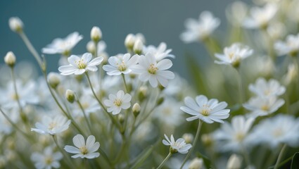 Delicate close-up of small white flowers with soft green background creating an ideal space for text or messaging.