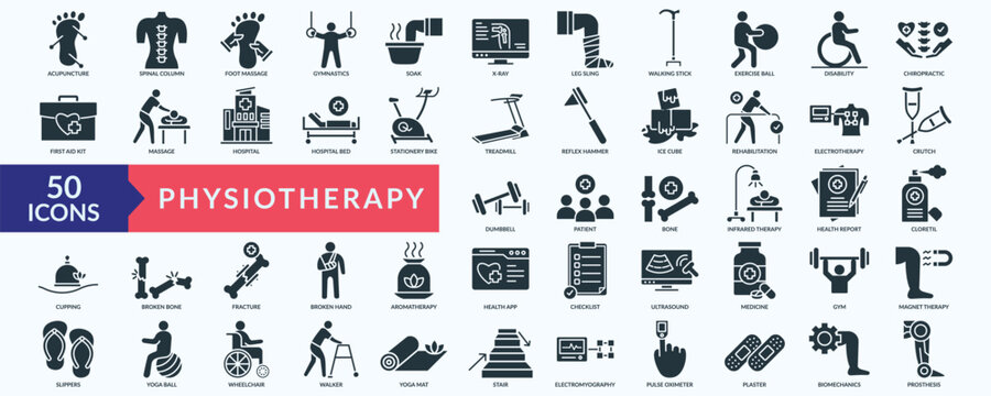 Physiotherapy icon collection set with acupuncture,foot massage, exercise ball, treadmill, infrared therapy