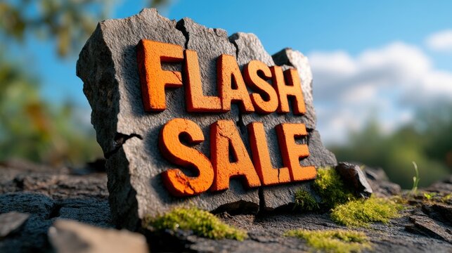 Bold stone carved letters that spell out  FLASH SALE  amidst a natural outdoor setting with moss covered rocks branches and a bright cloudy sky in the background