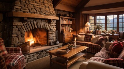 Cozy Mountain Cabin Living Room with Stone Fireplace and Scenic View