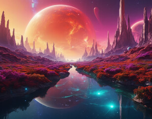 Fototapeta premium Fantastic alien landscape with many planets, a glowing river, a winding path, against a dark blue cosmic background 