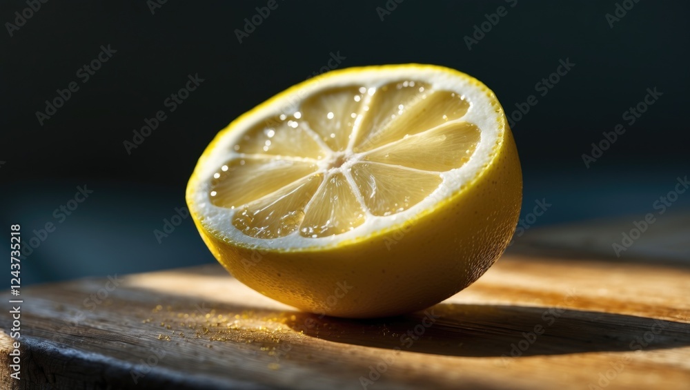 Poster backlit lemon slice on wooden surface with reflections and space for text display