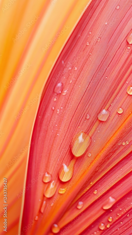 Poster close up view of a vibrant red leaf with glistening water droplets clinging to its surface after a r