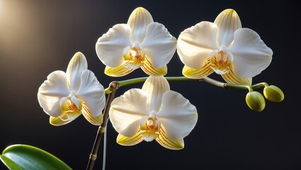 Obraz premium Elegant white orchid arrangement in soft sunlight against a black background, perfect for floral design and greeting card use.