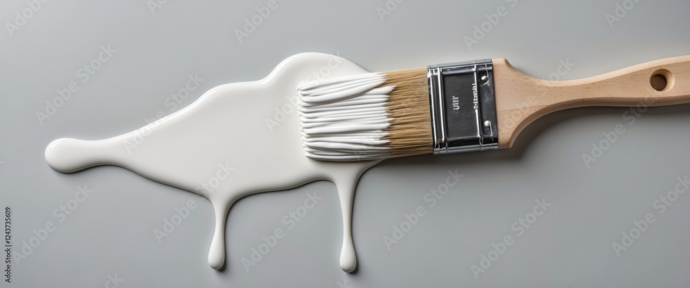 Poster brush with white paint dripping over a smooth gray surface creating an artistic and clean background