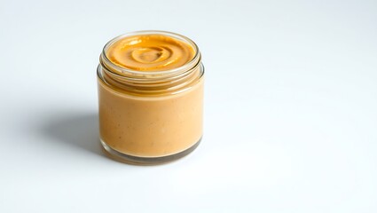 Creamy nut butter in glass jar on simple background