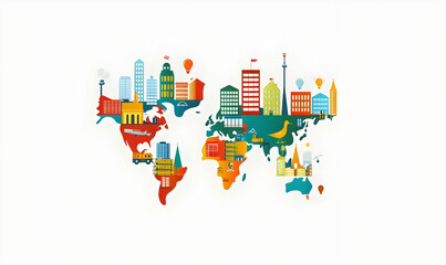 Obraz premium Colorful World Map Illustration Featuring Iconic City Landmarks