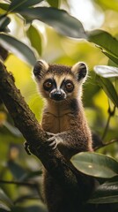 Fototapeta premium HD Phone Wallpaper Adorable Baby Lemur in Lush Green Tropical Rainforest Wildlife Photography