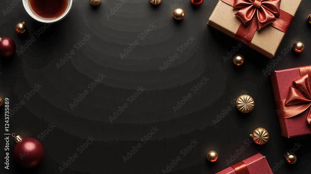 Poster a black background with a red bow on a box and a red bow on a box. there are many red and gold ornam