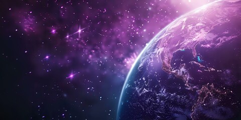 Obraz premium Majestic view of Earth from space with glowing city lights and purple nebula background, perfect for science, technology and space exploration themes.