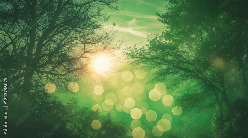 Poster vintage style abstract bokeh sunlight filtering through lush green trees creating a serene nature ba