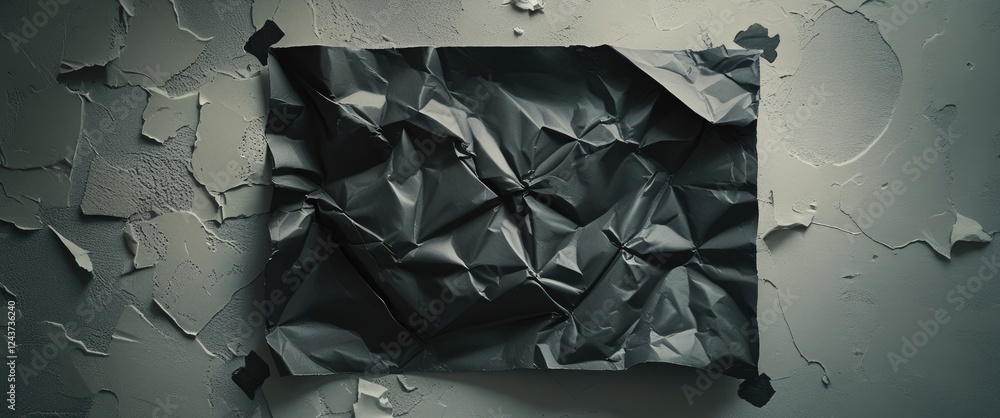 Poster crumpled black paper attached to a textured wall with peeling paint creating an artistic and abstrac