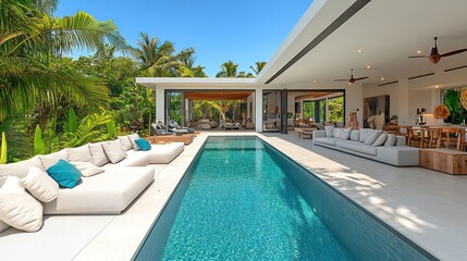 Tropical villa poolside lounge area overlooking living space