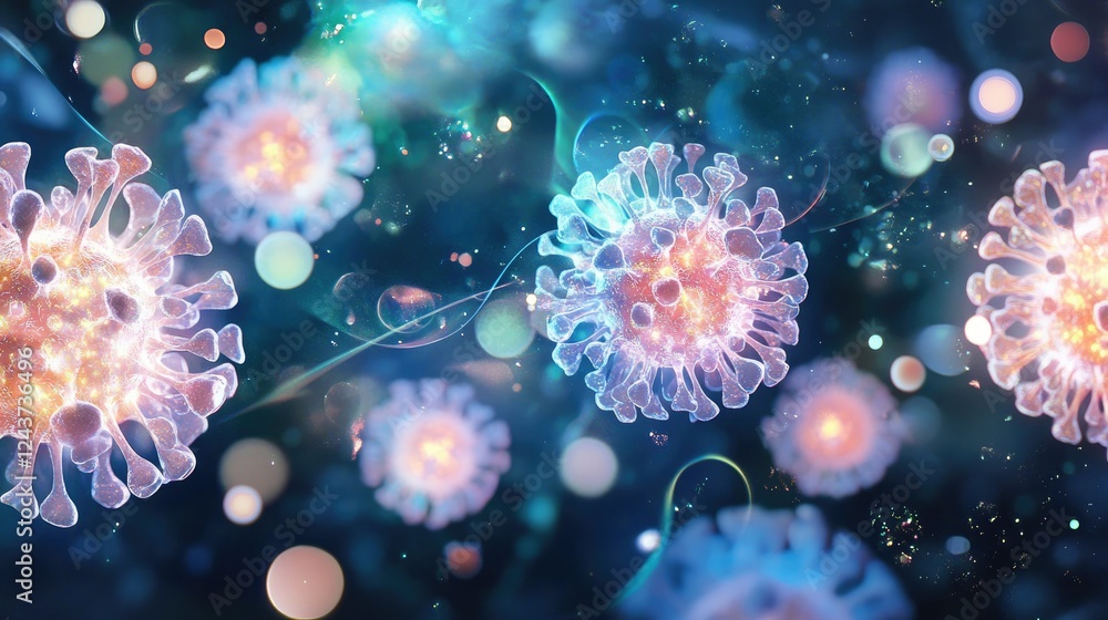 Poster artistic representation of multiple covid-19 virus cells surrounded by glowing molecular structures