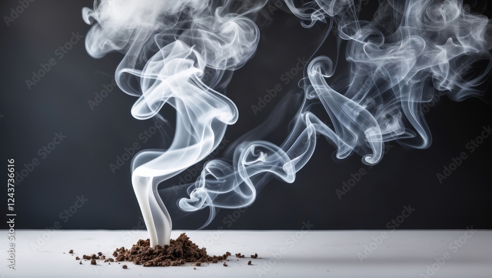 Poster elegant wisps of smoke curling and rising from a textured surface against a dark background, creatin