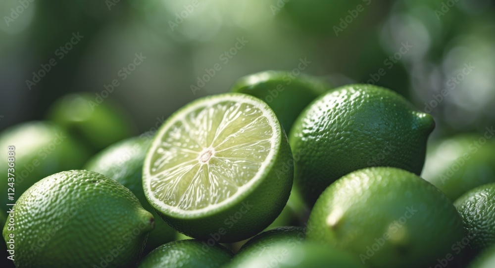 Aufkleber freshly cut lime with whole limes in soft focus background, ideal for food photography with ample em