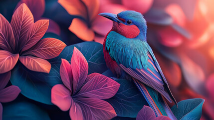 Fototapeta premium Vibrant bird perched among colorful leaves in lush setting