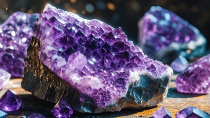 Amethyst mineral rock showcasing rich purple hues and gleaming surfaces, surrounded by smaller crystals on a textured surface.