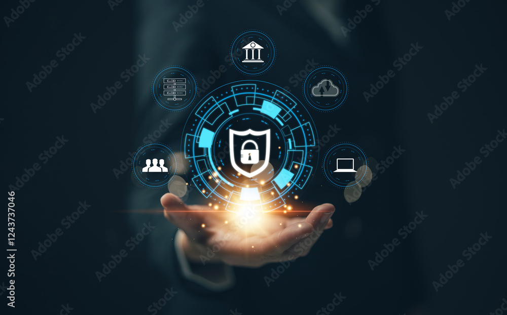 Poster businesswoman locking sensitive financial data for cyber security protection. cyber security concept