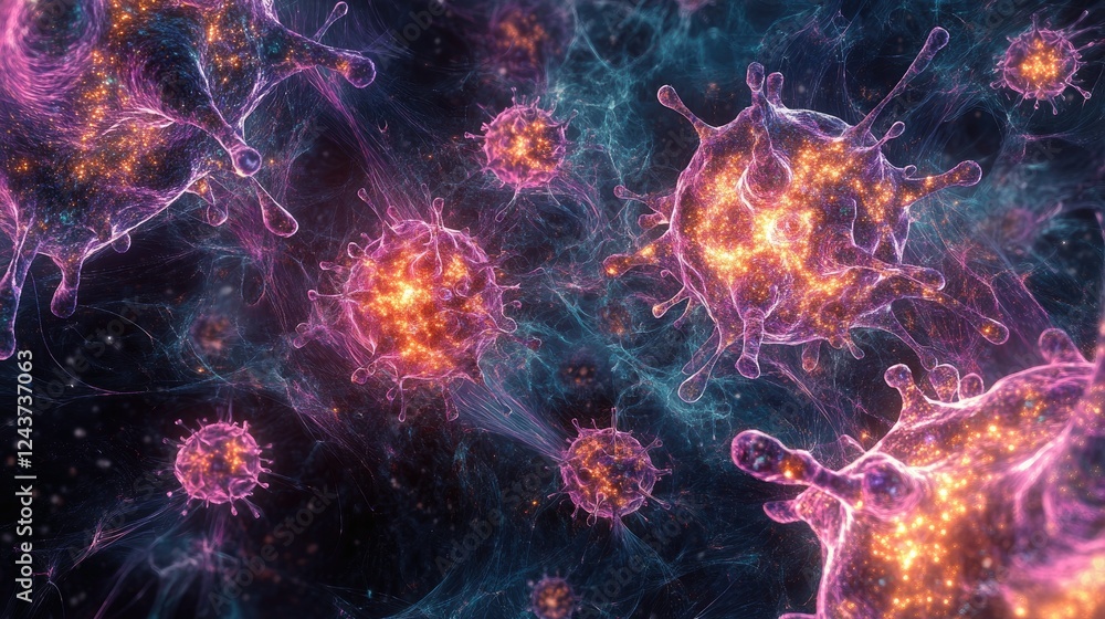 Poster artistic representation of multiple covid-19 virus cells surrounded by glowing molecular structures