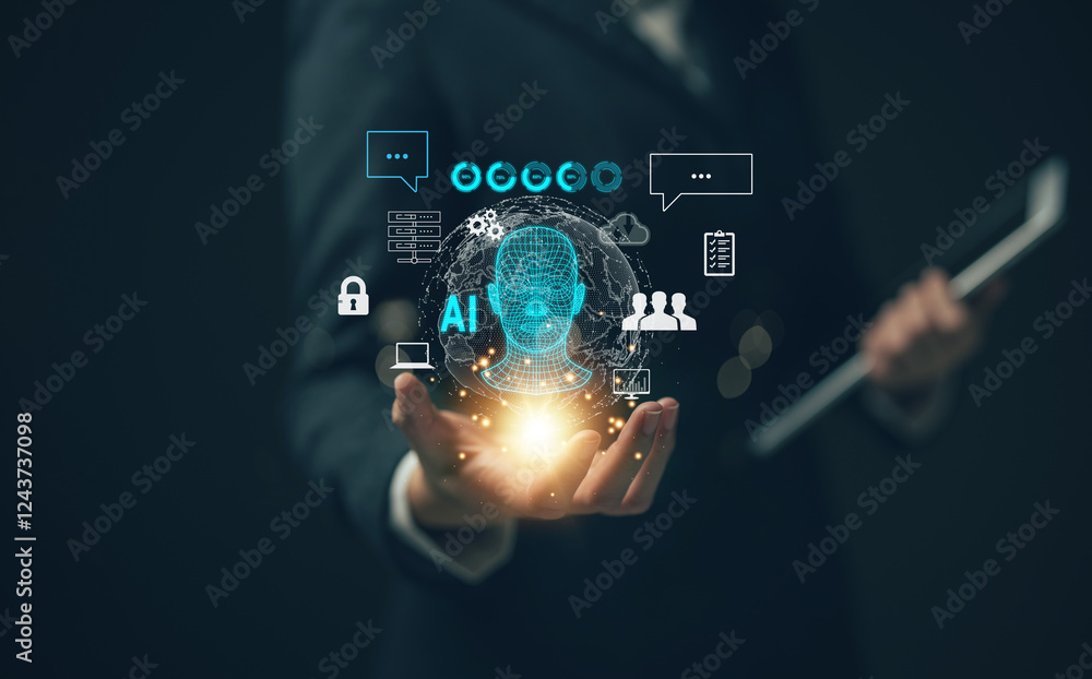 Poster chatbot chat with ai artificial intelligence. concept of using ai technology to help work in order t