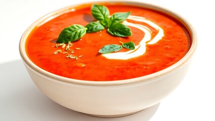 Delicious bowl of tomato soup garnished with fresh basil leaves and cream swirl