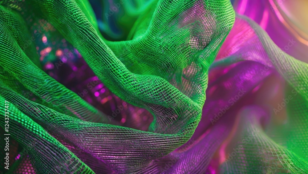 Poster vibrant abstract textured mesh fabric in green and purple hues with soft light creating a dynamic an