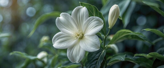 Obraz premium Elegantly blooming white flower amidst lush green foliage and delicate buds in a serene natural setting.