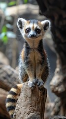 Fototapeta premium HD Phone Wallpaper Adorable Baby Ring tailed Lemur Sitting on Wood Wildlife Portrait