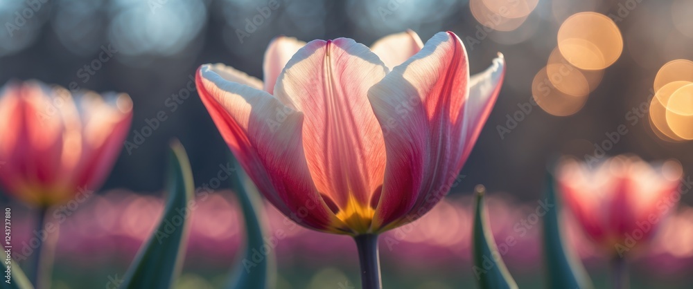 Poster close-up of a tulip petal showcasing vibrant color gradients and fine textures against a warm bokeh 