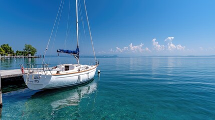 Obraz premium Sailboat docked at lake pier, sunny day, clear water. Summer vacation travel photo